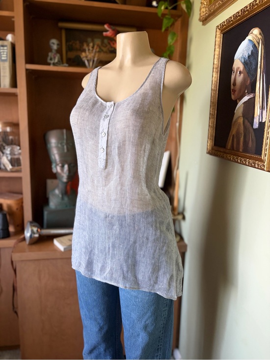 Eileen Fisher Tops - Eileen Fisher Gray Silver Mesh Linen Henley Tank Top Womans Size S Minimalist